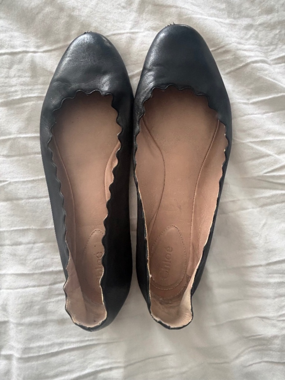 Chloé Lauren Black Leather Scalloped Ballet Flats EU 40.5 Made in Italy